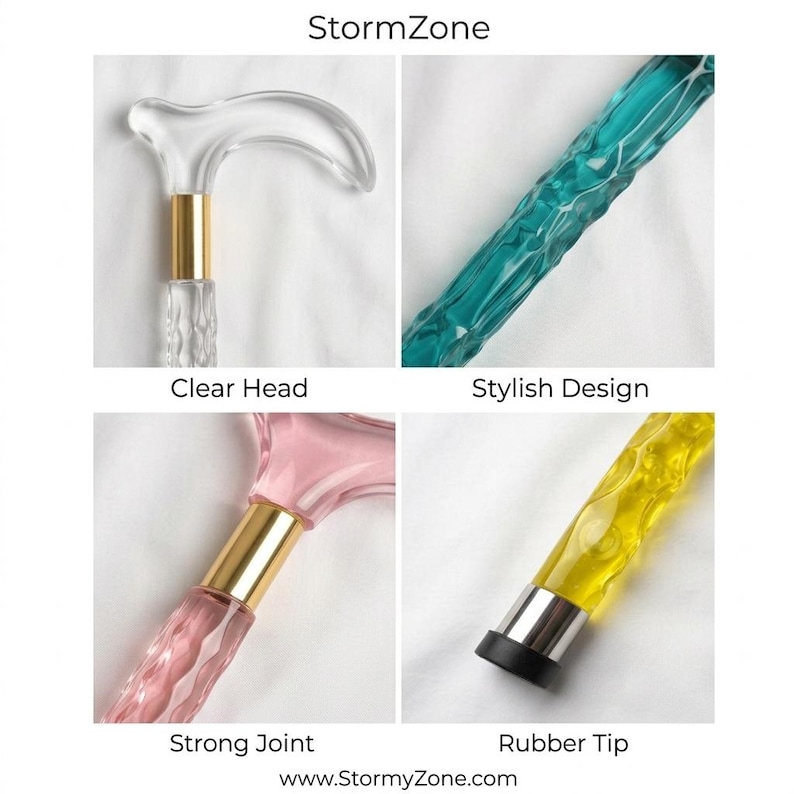 May include: A collection of transparent and colorful walking canes. The canes feature clear, pink, teal, and yellow shafts with a variety of designs. Each cane has a gold-colored joint and a rubber tip. The text "StormZone" and "www.StormyZone.com" are visible.