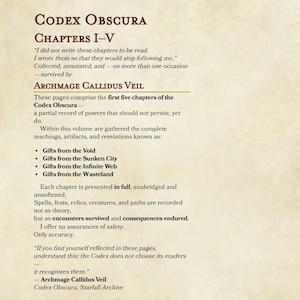 May include: A page from the Codex Obscura, with text detailing chapters I-V, including "Gifts from the Void" and "Gifts from the Sunken City." The text is in a serif font on a parchment-style background.