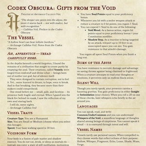 May include: A page from a tabletop role-playing game sourcebook, "Codex Obscura: Gifts From The Void." The text describes a new character type called "Vessel" with traits, abilities, and lore. The page features a title, headings, and descriptive text.