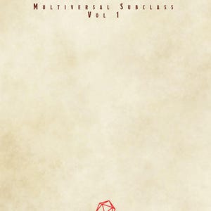 Puede incluir: Una página de documento con un fondo beige tipo pergamino que presenta el texto marrón oscuro CODEX OBSCURA MULTIVERSAL SUBCLASS Vol 1 en la parte superior y un pequeño icono de línea roja de un dado icosaedro centrado abajo.