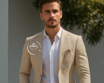 Men's Beige Linen Slim Fit Suit, 2-Piece Wedding Groom Outfit (Made to Order)