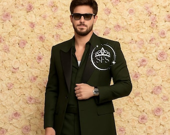 Men's Dark Green Tuxedo Suit, Black Lapel, Formal Wedding Groom Outfit