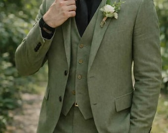 Men's Sage Green 3-Piece Wedding Suit, Slim Fit Formal Groomsmen Outfit