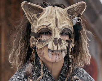 Máscara de calavera de gato, espíritu felino hecho a mano, máscara de cosplay chamánica y de fantasía oscura.
