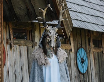 Máscara de ciervo con calavera de espíritu del bosque, disfraz de chamán pagano, diadema con cuernos, atuendo de fantasía de druida