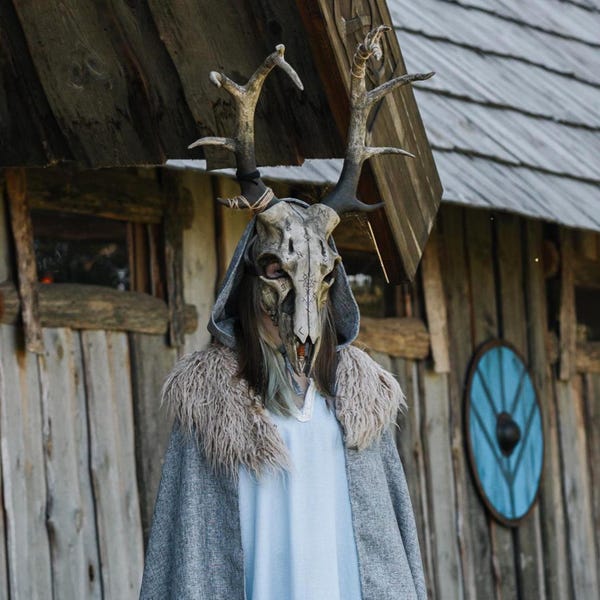 Forest Spirit Skull Deer Mask, Pagan Shaman Costume, Horns Headband, Druid Fantasy Outfit