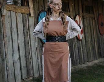 Delantal medieval de lino y cinturón de cuero, delantal vikingo, ropa étnica bohemia de lino con cinturón de cuero opcional, LARP Cosplay, traje histórico