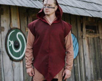 Capa medieval de lino con capucha, capa de arquero, capa para feria renacentista, atuendo para LARP, camisa medieval sin mangas de guerrero.