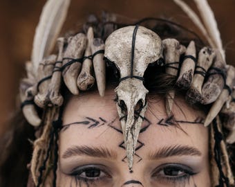 Peluquería con calavera de pájaro, tocado de druida, accesorio para el cabello para LARP, tocado vikingo, corona de hueso de fantasía oscura.