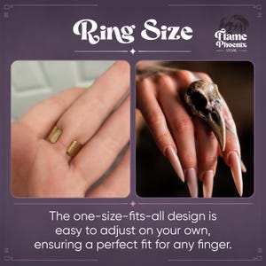 May include: A gold-toned adjustable ring featuring a bird skull design. The image displays the open band on the underside of a finger and the skull ornament on the top. Text includes Ring Size, Flame Phoenix Store, and The one-size-fits-all design is easy to adjust on your own, ensuring a perfect fit for any finger.