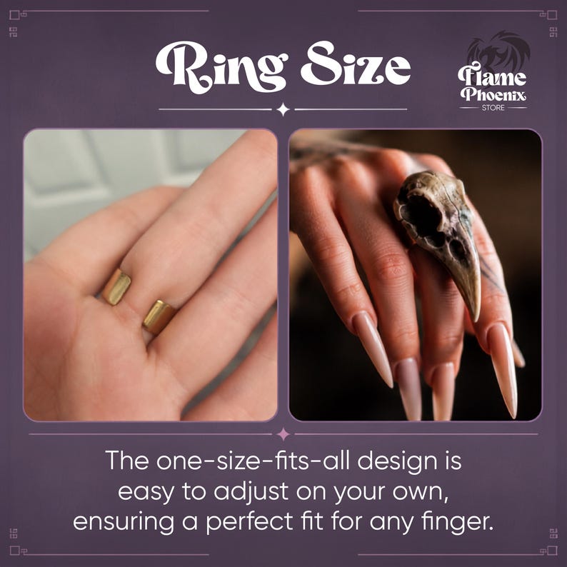 May include: A gold-toned adjustable ring featuring a bird skull design. The image displays the open band on the underside of a finger and the skull ornament on the top. Text includes Ring Size, Flame Phoenix Store, and The one-size-fits-all design is easy to adjust on your own, ensuring a perfect fit for any finger.