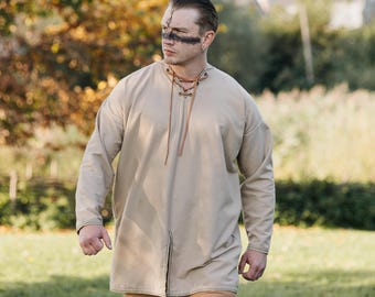 Túnica vikinga de lino beige para hombre, LARP Cosplay, camisa de manga larga para hombre para ferias renacentistas, atuendo medieval