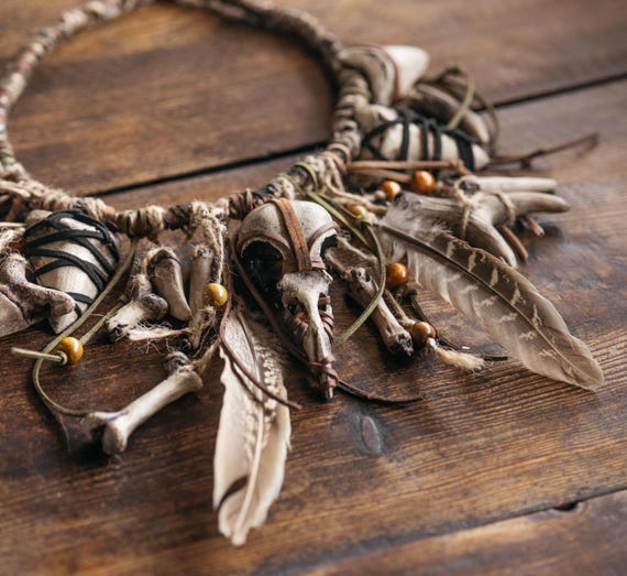 Raven Skull Necklace, Witch Viking Shaman Jewelry, Norse Tribal Accessory, Ritual Totem