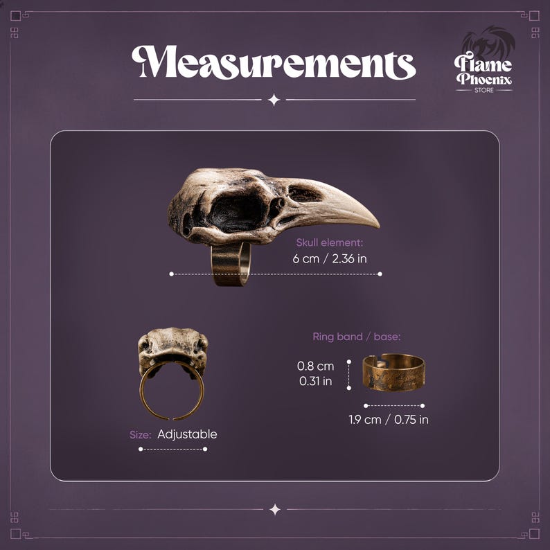 May include: An adjustable ring featuring a bird skull element measuring 2.36 inches in length. The ring band has a height of 0.31 inches and a diameter of 0.75 inches. The metal has a weathered bronze finish with dark recessed details.