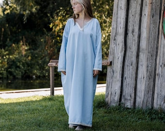 Embroidered Linen Maxi Dress, Medieval Linen Long Dress, Women Viking Cosplay, Renaissance Faire Costume, Simple Dress