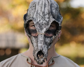 Máscara de cráneo de guerrero lobo, accesorio facial de chamán tribal para ferias, lobo vikingo nórdico, cráneo de hueso, máscara de bárbaro, LARP, máscara de cosplay con runas celtas