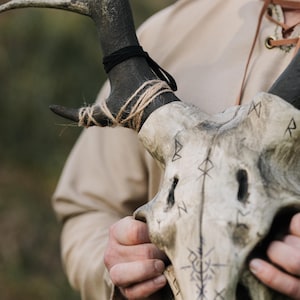 May include: A close-up of a skull with dark horns wrapped with twine and a black ribbon. The skull has markings and is held by a person wearing a tan shirt. The skull appears to be a decorative item or a prop.
