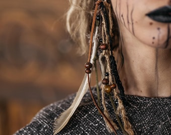 Tribal Feather Earring, Leather Cord, Bone Beads, Viking Style Cosplay Accessory, LARP Cosplay