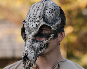 Máscara de calavera de lobo con runas, máscara de calavera de animal para usar, disfraz de cosplay de fantasía, accesorios para LARP, máscara de chamán.