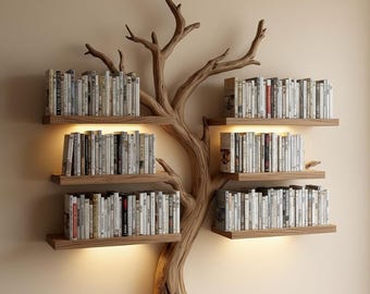 Live Edge Holz Baum Bücherregal, rustikale moderne Wanddekoration mit LED-Licht