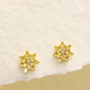 May include: A pair of gold-colored stud earrings, each shaped like a small flower with multiple petals. The earrings are set against a textured, off-white surface. The earrings are approximately 0.5 inches in diameter.