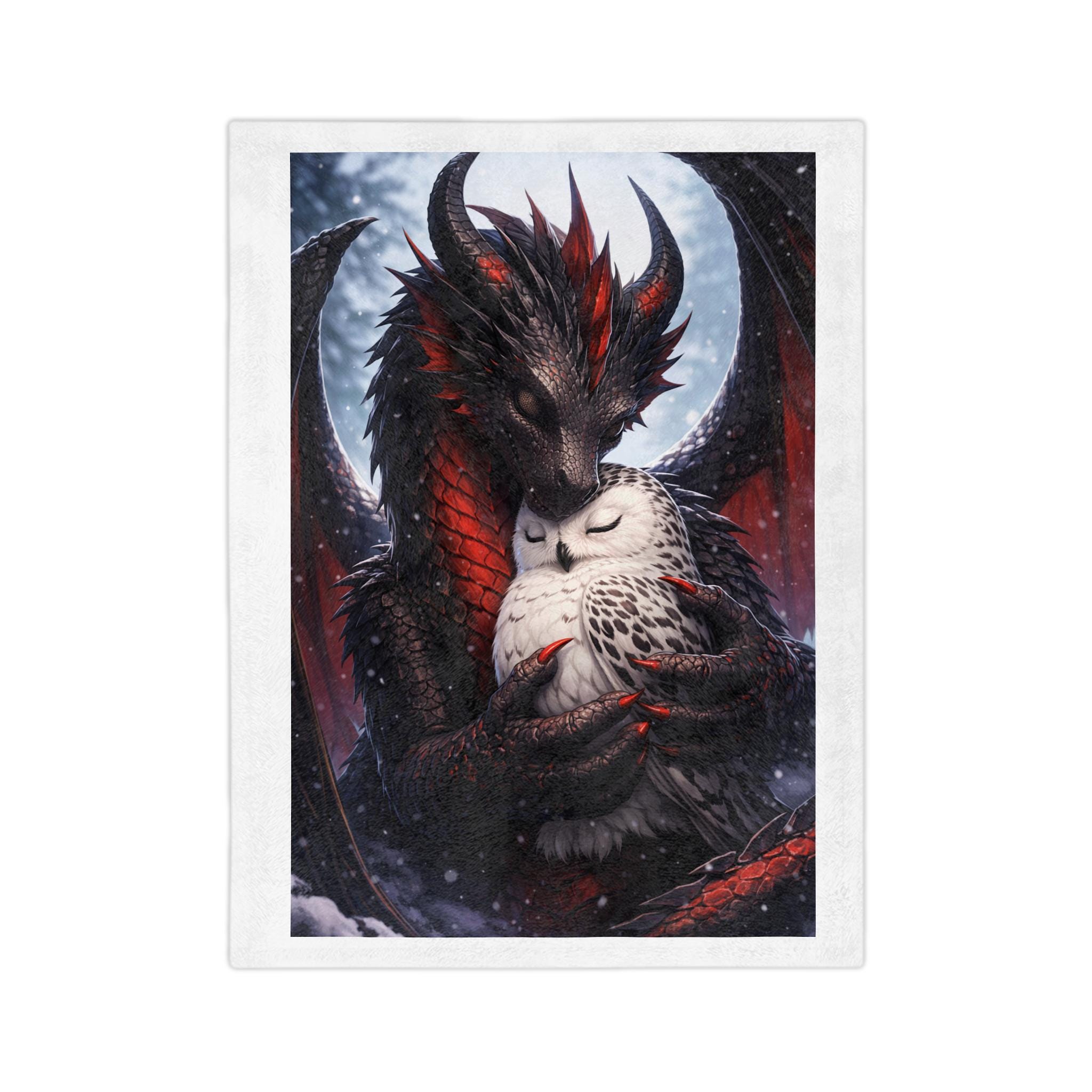 Dragon and Snowy Owl Illustration Velveteen Blanket | Fantasy Creature