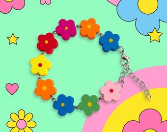 Lizzie McGuire Flower Bracelet | Y2K Rainbow Daisy Charm Bracelet | 2000s Nostalgia Kidcore Jewelry | Chunky Colorful Retro Summer Gift