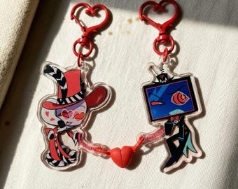 Hazbin Hotel Valentino & Vox Nyckelringsset för par, Overlords hjärtformade länkberlock, Helluva Boss-fangåva, Hazbin-merchandise i akryl