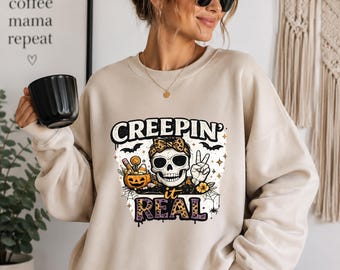 Creepin It Real Halloween Skull PNG, Vintage Spooky Sublimation Design (Digital Download)