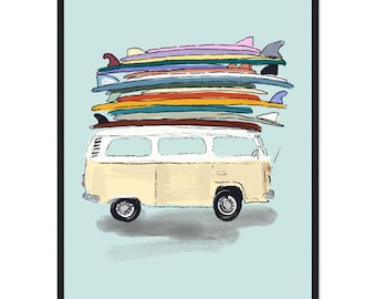Framed Camper Van with Surfboards Art Print: Hand-Drawn Illustration, beach decor, ready to hang