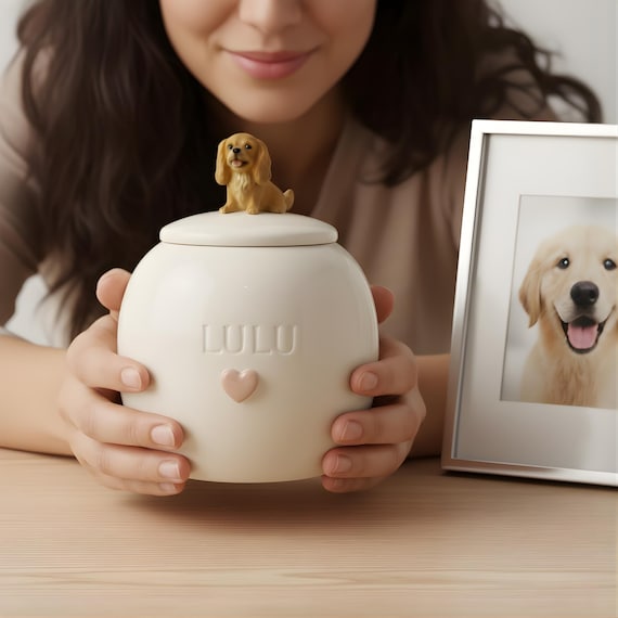 Custom Pet Memorial Urn - Floral Ceramic Dog Urn with Statue - Personalized Cat Urn for Ashes - Forever Loved Pet Keepsake - S M L Sizes