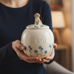 May include: A cream-colored ceramic pet urn with a lid, featuring blue floral accents and the name "LIU". A small, tan-colored dog figurine sits atop the lid. The urn is round and held by a person.