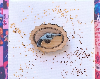 Wooden Brooch with Lasercut Gun