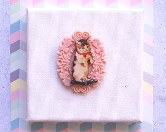 Wooden Cat Brooch with Pastel Pink Vintage Inspired Frame