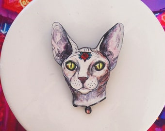 Wooden Hairless Cat Brooch with Rose on Forehead