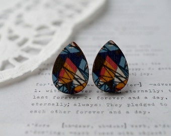 Wooden Teardrop Stained Glass Window Stud Earrings
