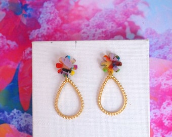 Multi Colour Floral Earrings with Matt Gold Teardrops