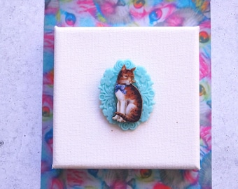 Wooden Cat Brooch with Pastel Blue Vintage Inspired Frame