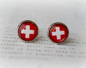 Red with White Cross Stud Earrings