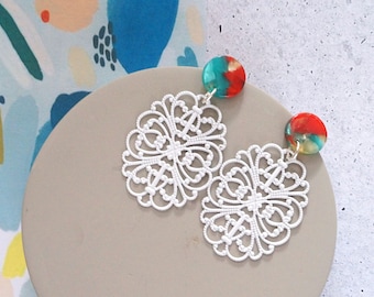 White Oval Filigree Earrings with Red and Green Post Studs