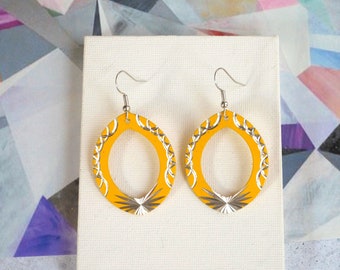 Yellow and Silver Etched Oval Earrings