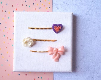Purple and Peach Heart, Peach Bow and Cream Flower Hairpin Set