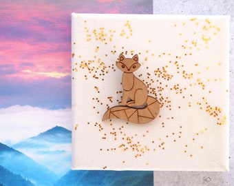 Wooden Brown Geometric Fox Brooch