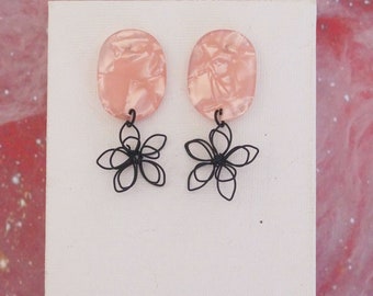 Long Oval Marbled Pink Post Earrings with Black Wire Wrapped Flowers