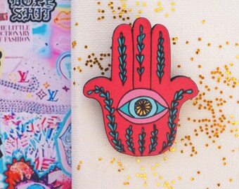 Red Wooden Hamsa Hand with Eye Brooch