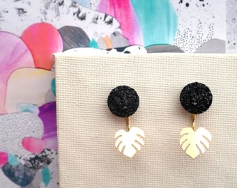 Black Faux Druzy Post Stud Earrings with Gold Monstera Leaf backing