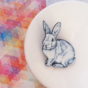 Wooden Black and White Illustrated Bunny Rabbit Brooch