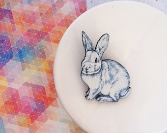 Wooden Black and White Illustrated Bunny Rabbit Brooch