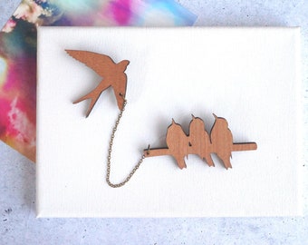 Wooden Bird with Birds on Branch Chained Brooch