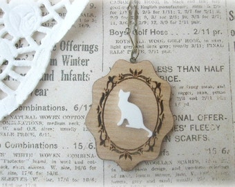 Wooden Frame with White Cat Necklace